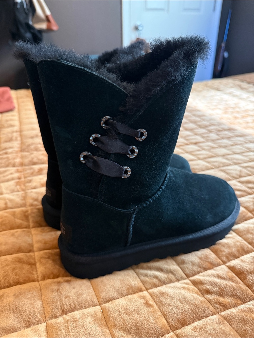 UGG Black Suede Shearling Lace Side Boots